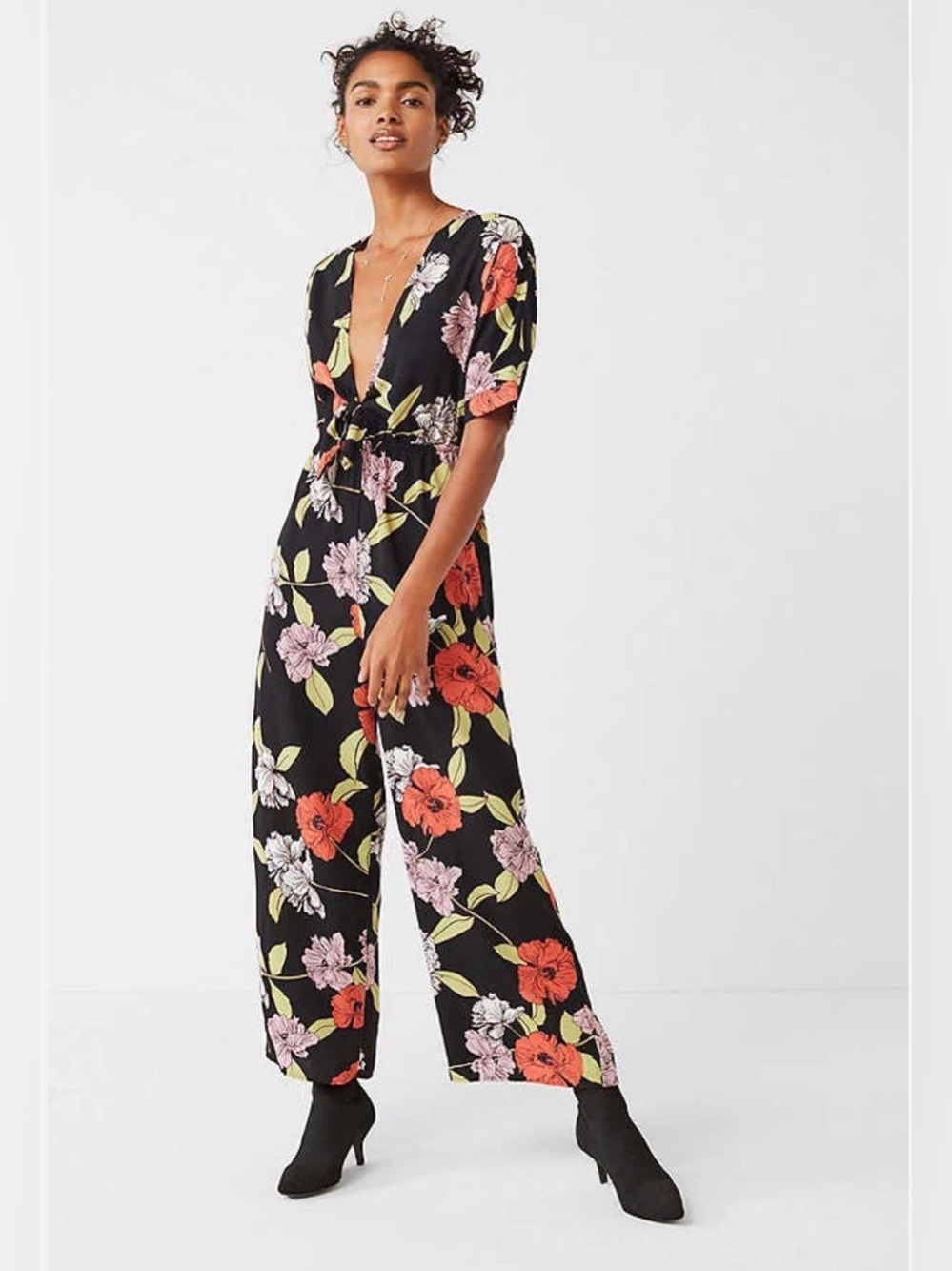 Urban Outfitters Floral Maxi Dress S Black Bold Print Deep V Tie Waist USA Made